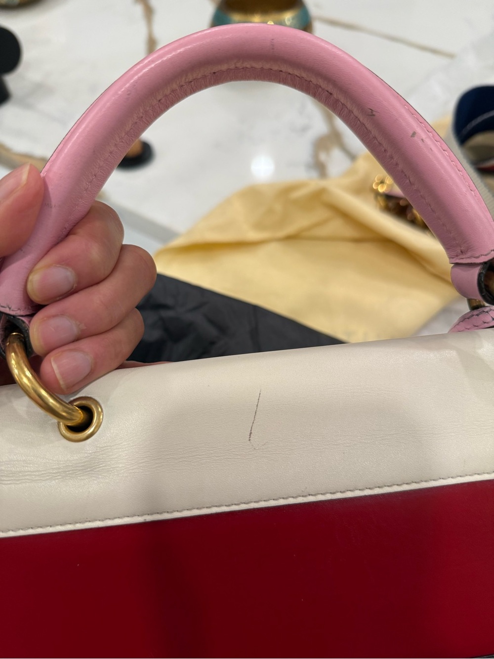 Gucci Tricolor Leather Top Handle Bag with Bee Accent - Pink, White, Red, Navy - Picture 11 of 14